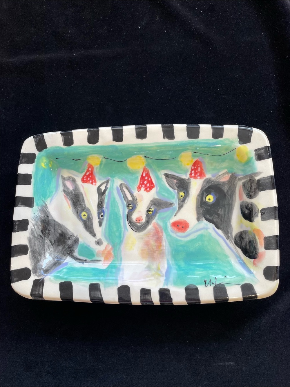 Handmade Ceramic Serving Rectangular Tray “ Badger Goat&Cow Design 12”x8”On Jade